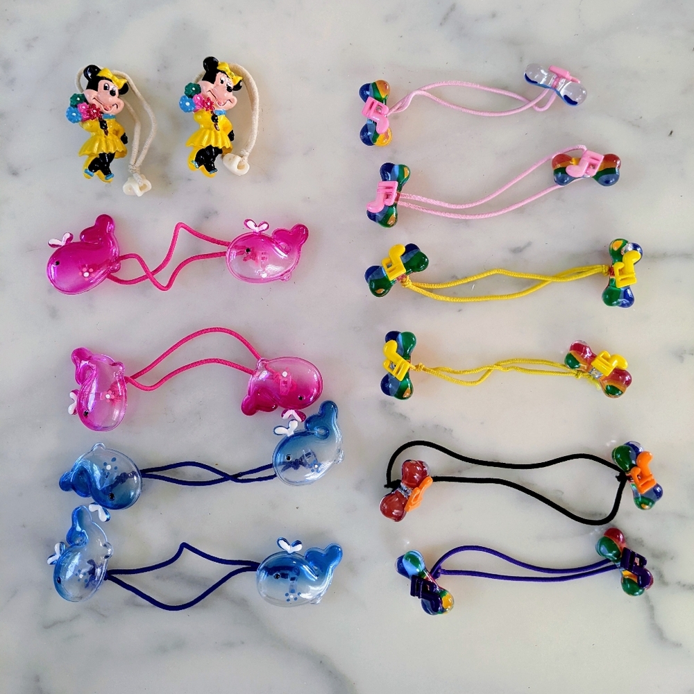 Vintage Disney Minnie And Other Cute Kids Hair Tie Accessories Set (6 Pairs).